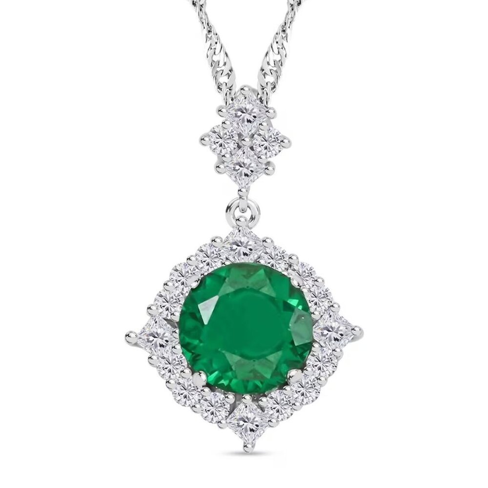 Vibrant Simulated Emerald and Diamond Pendant 18" Necklace in Silvertone